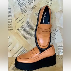 Free People Nico Platform Loafer Honey Gold Leather Black Rubber Wedge Slip On